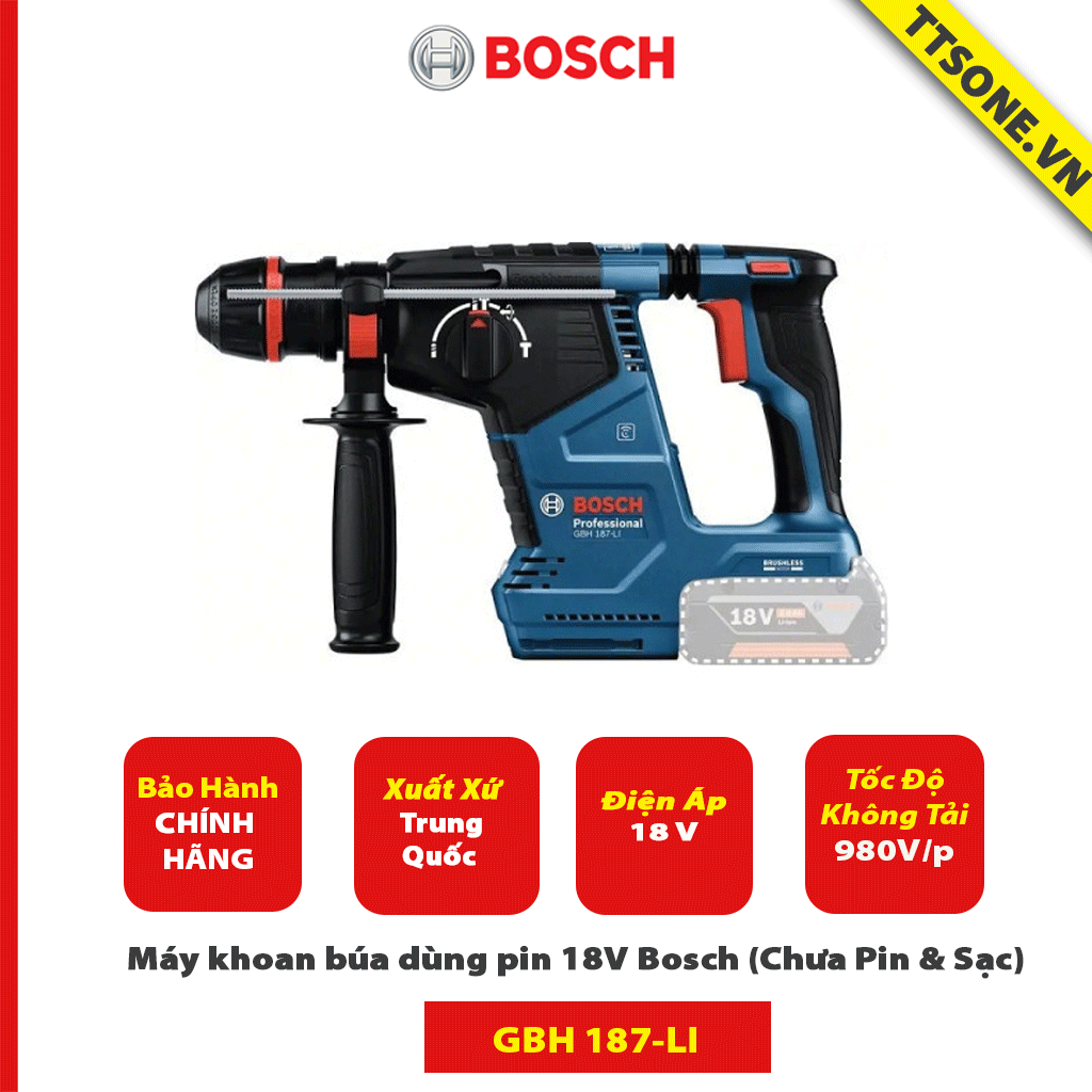 Máy khoan búa dùng pin 18V Bosch GBH 187-LI ONE CHUCK (Chưa Pin & Sạc)-Chính Hãng
