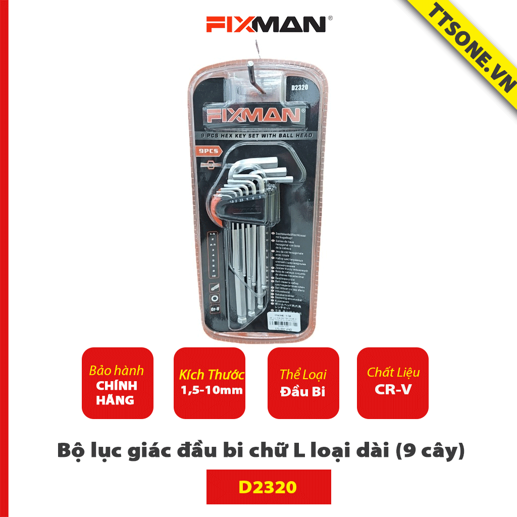 Bộ lục giác đầu bi chữ L loại dài (9 cây) FIXMAN D2320 - Chính hãng