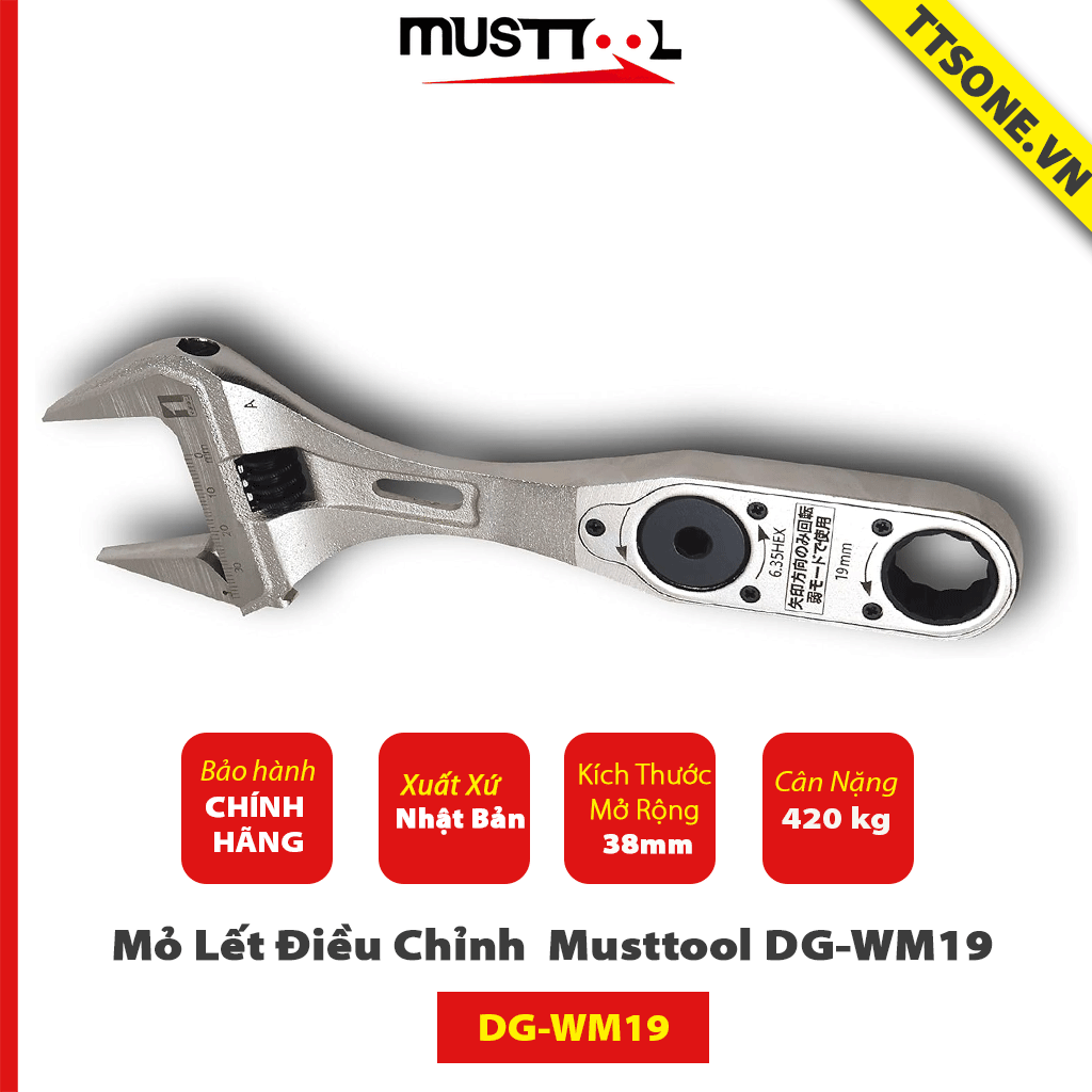 Mỏ Lết dải 0-38 mm có thước có chuôi khẩu bánh cóc 19mm ( quay tự động qua máy khoan) Musttool DG-WM19  - Chính Hãng