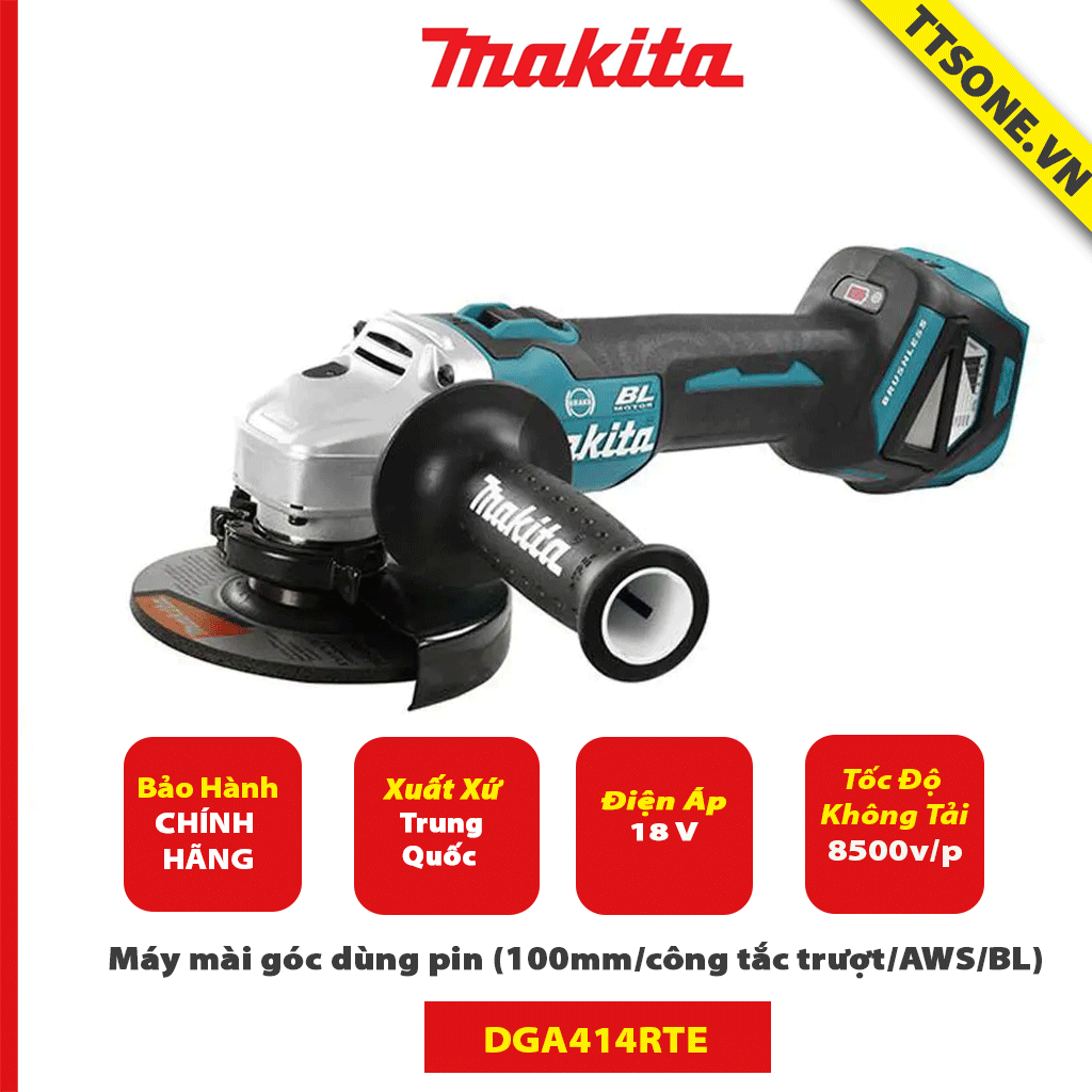 Máy mài góc dùng pin Makita DGA414RTE (100mm/công tắc trượt/AWS/BL) (18V) - Chính Hãng
