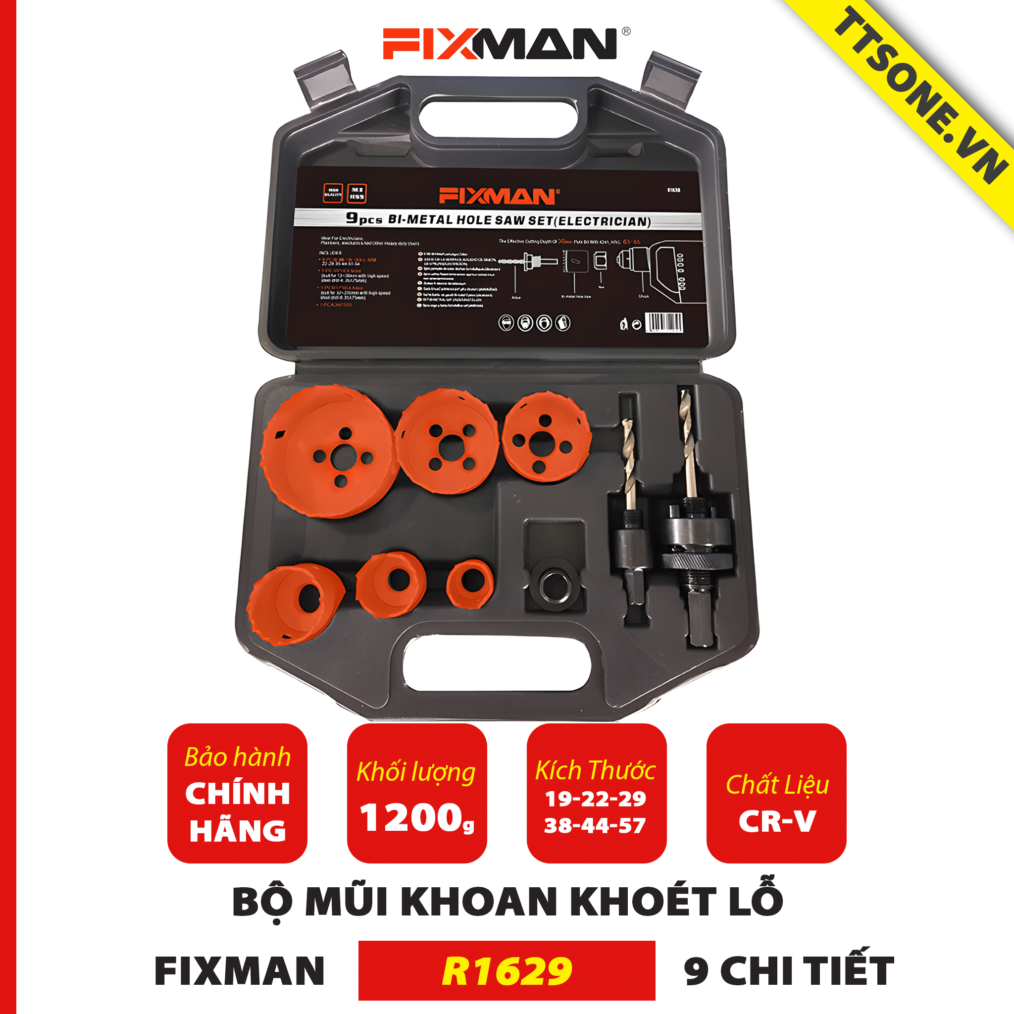 Bộ Mũi Khoan Khoét Lỗ 9 Chi Tiết FIXMAN R1629 - Chính hãng
