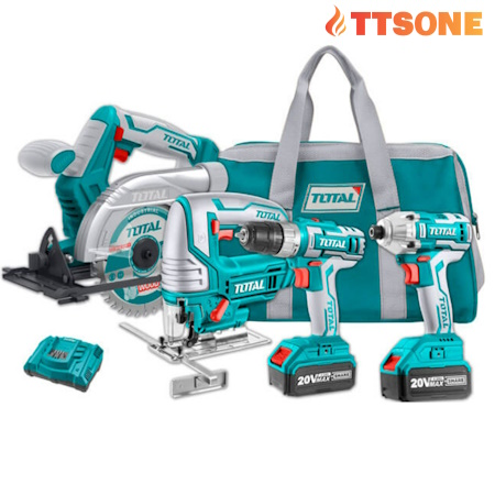 Bộ combo 4 Máy TOTAL TCKLI2010 Gồm Cưa Đĩa Tròn TSLI1401,  Cưa Lọng TJSLI8501, Siết Vít TIRLI2002 Và Khoan TDLI20024  Dùng Pin 20V