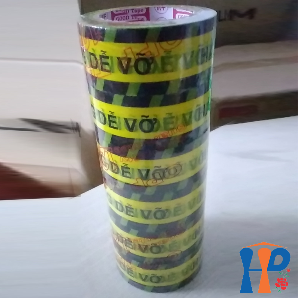 Băng keo cuộn dán thùng, băng dính chữ "Hàng Dễ Vỡ" đóng gói hàng hóa 4F8 (độ bám dính 50 mic)