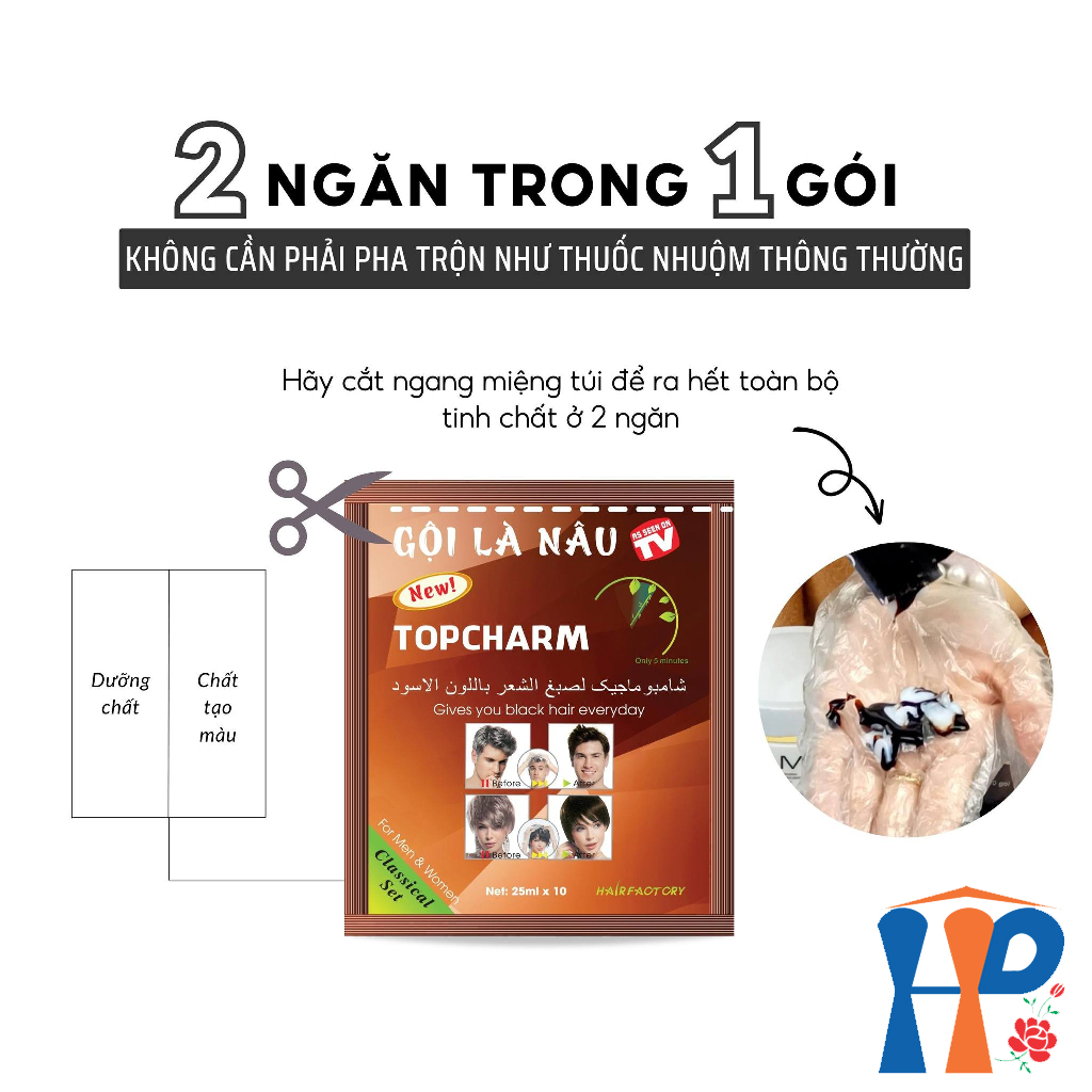 Gội nhuộm tóc thảo dược TopCharm Herbal Hair Colour Shampoo 250ml (phủ bạc nâu - Brown hoặc đen - Black)