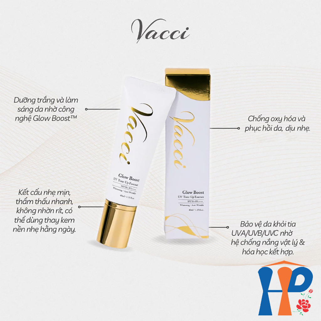 Kem lót dưỡng da chống nắng Vacci Glow Boost UV Tone Up Essence SPF50 PA+++ 40ml