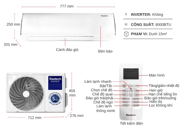 Máy điều hoà Reetech 9000btu Inverter 1 chiều RTV9/RCV9