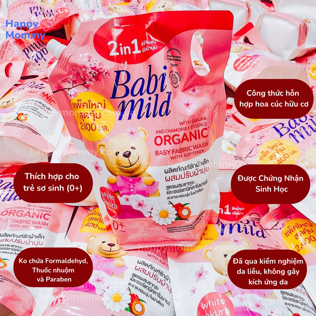 Nước Giặt Xả Quần Áo 2 in 1 Babi Mild Hương Hoa Anh Đào, 2,4L MẪU MỚI