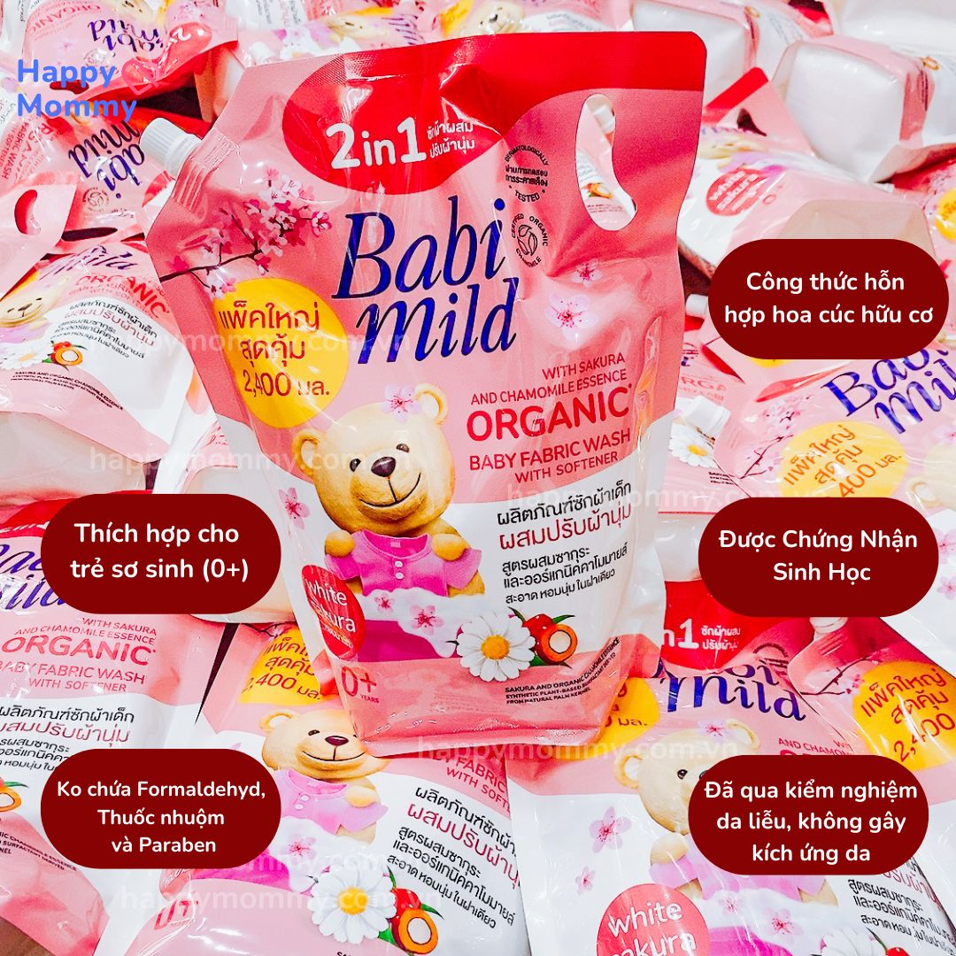 Nước Giặt Xả Quần Áo 2 in 1 Babi Mild Hương Hoa Anh Đào, 2,4L