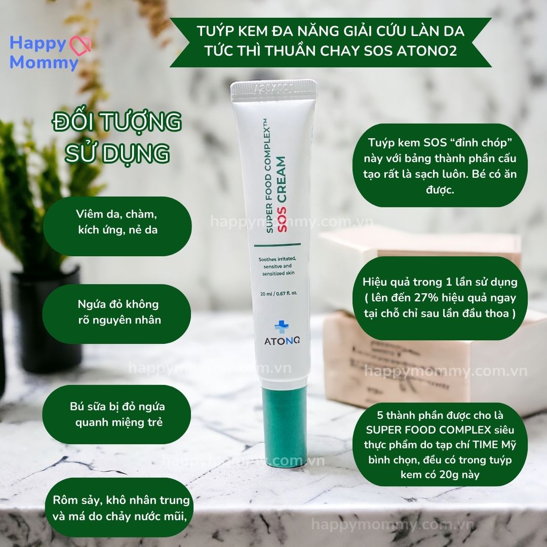 Kem Phục Hồi Chuyên Biệt SOS Cream Atono2 hỗ trợ chàm, kích ứng, đỏ mẩn, 20ml (0M+)