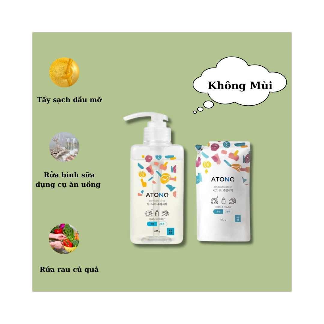 Túi rửa bình sữa, núm ti, chén bát đậm đặc thuần chay ATONO2 Hàn Quốc, 480g