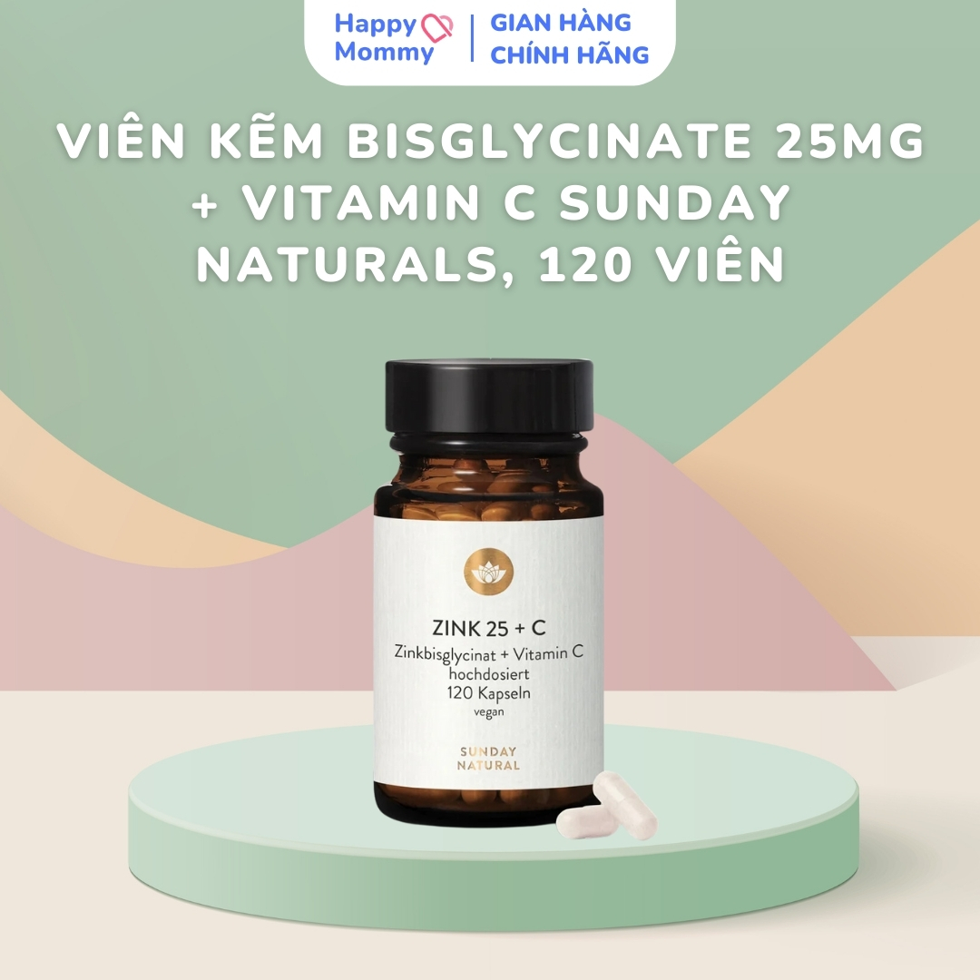 Viên Uống Bổ Sung Kẽm Hữu cơ 25mg + Vitamin C Sunday Naturals Đức, 120 Viên