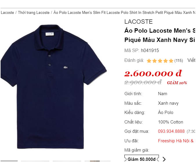 Áo Polo Lacoste Men's Slim Fit Piqué Navy