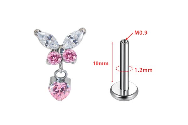 bông tai (Titanium F136) Bướm trắng mix đá hồng thả rơi