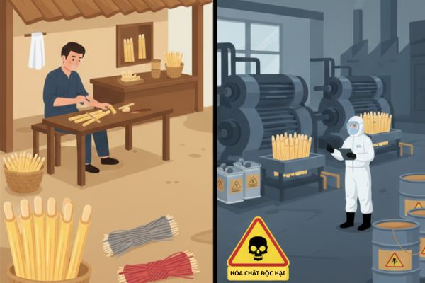 Quy trình sản xuất tăm tre và chỉ thêu hiện nay chứa hóa chất tẩy trắng gây kích ứng ok365m.