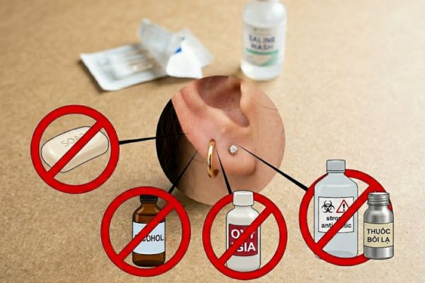 Không dùng xà phòng, cồn, oxy già cho lỗ xỏ khuyên khi đang trong thời gian xử lí lỗ xỏ bị bump tại nhà