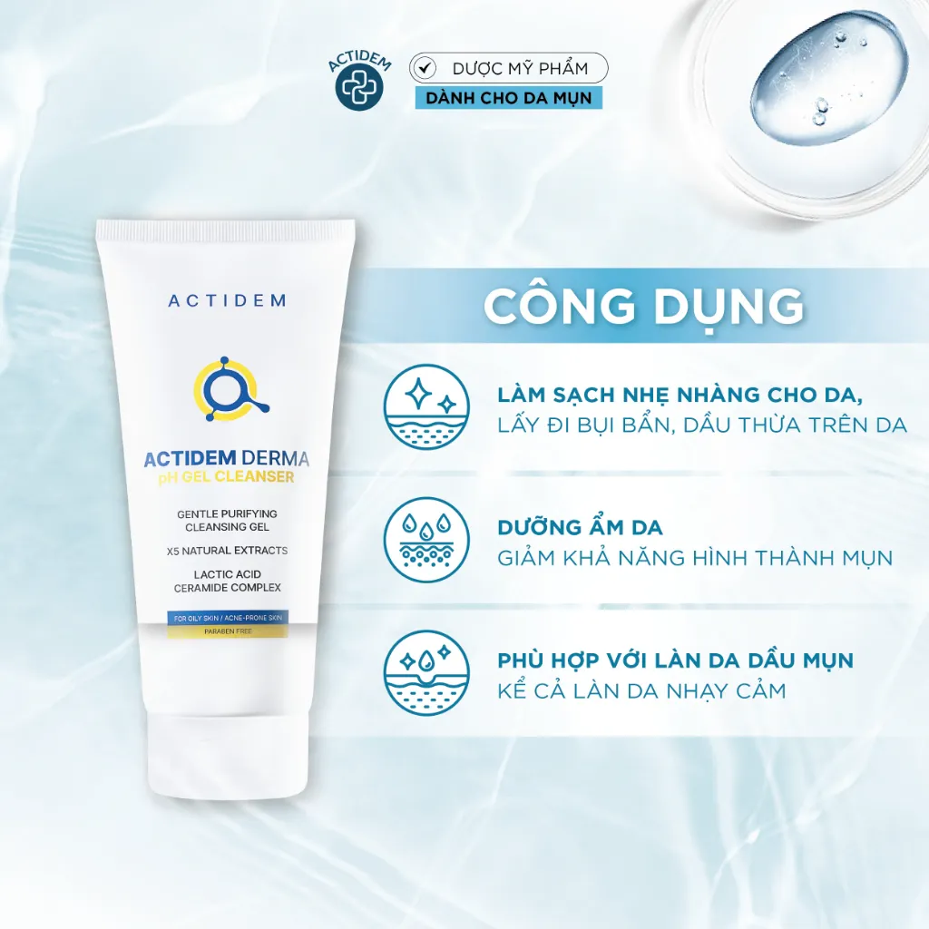 Sữa rửa mặt dạng Gel Actidem Derma pH Gel Cleanser