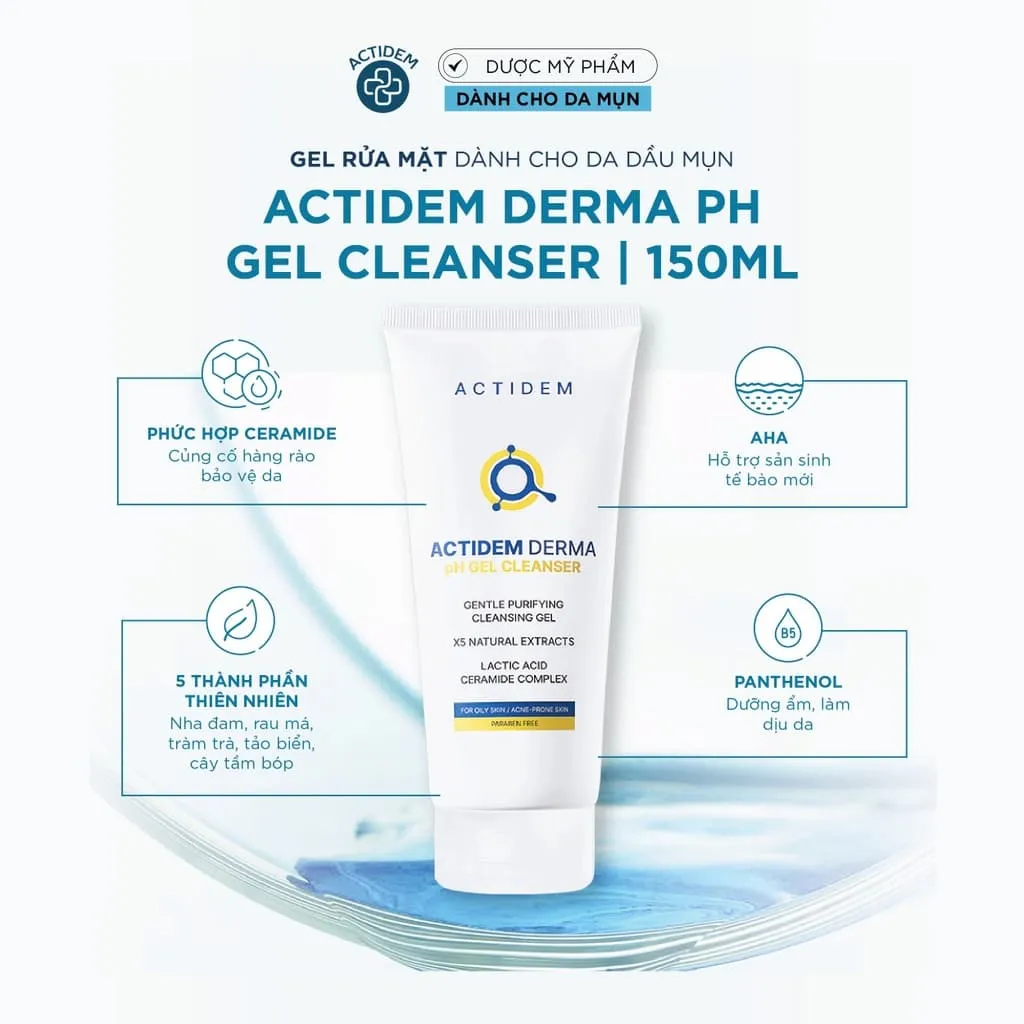 Actidem Derma pH Gel Cleanser là gel rửa mặt da mụn cho nữ