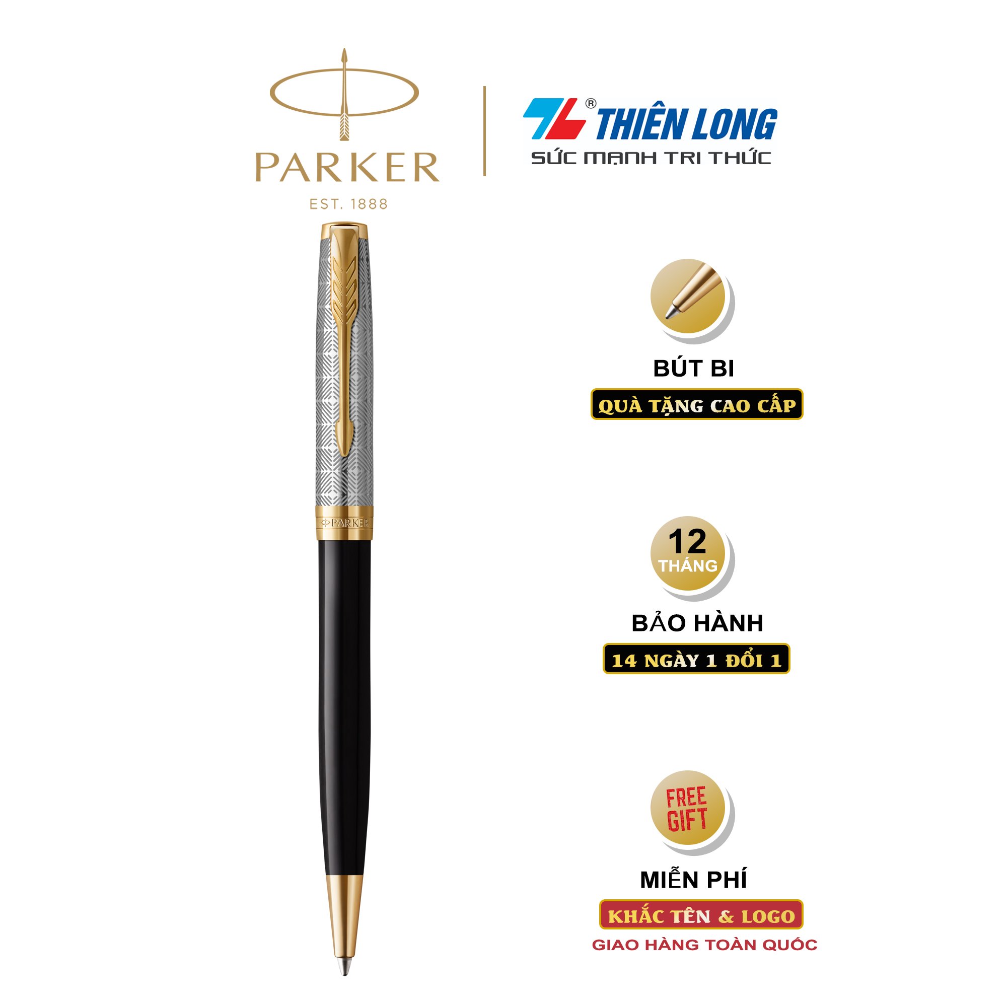 Bút bi cao cấp Parker SON X-Metal Black GT GB-2119787 - Thép không gỉ Mạ vàng 18k