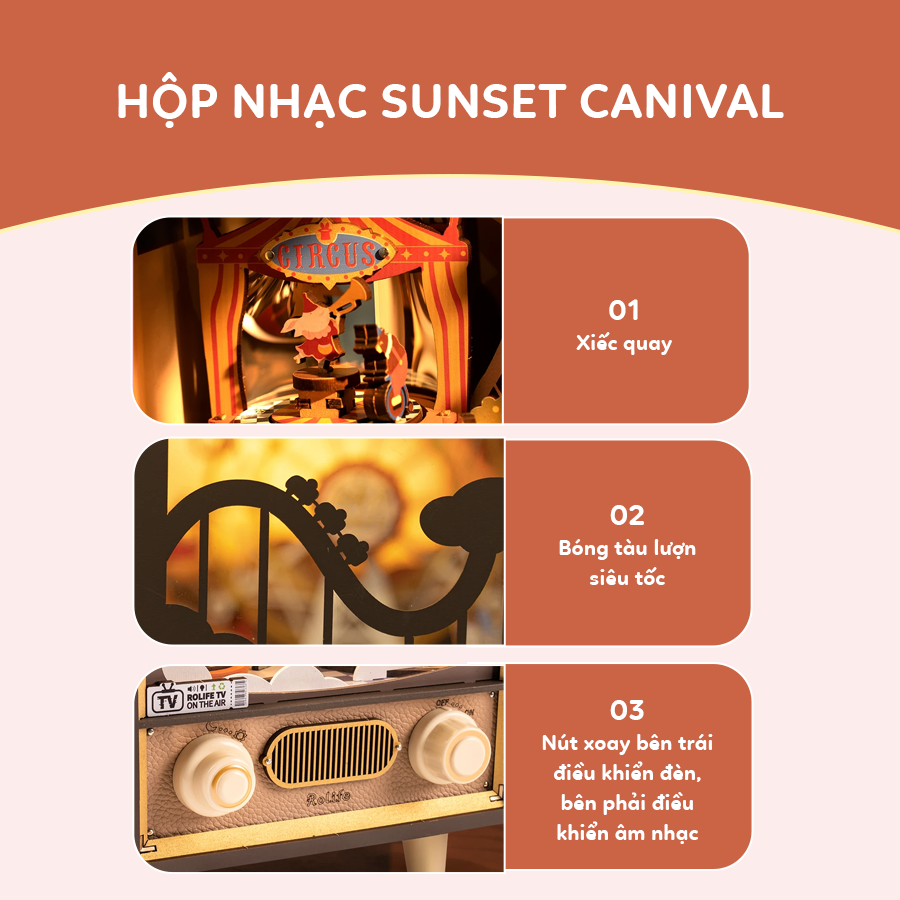 Mô Hình Hộp Nhạc Gỗ DIY Có Đèn Robotime Rolife Sunset Carnival