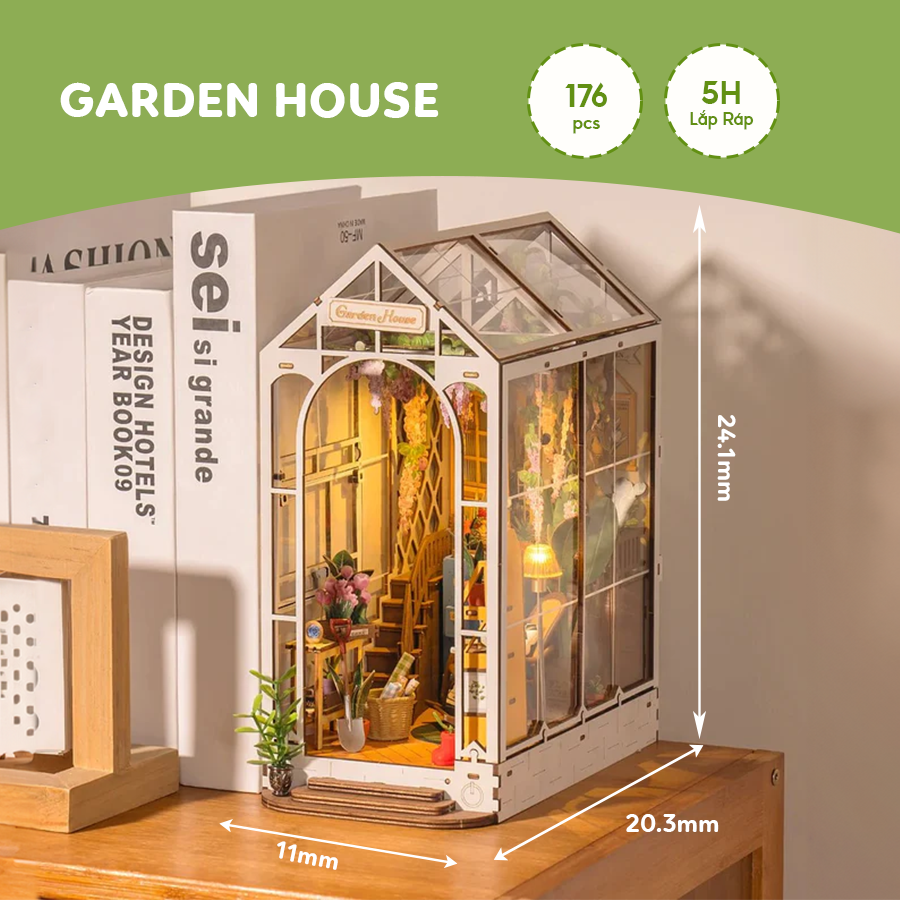 Đồ Chơi Sáng Tạo Lắp Ráp Gỗ 3D, Mô Hình Book Nook Robotime Sakura Densya, Garden House