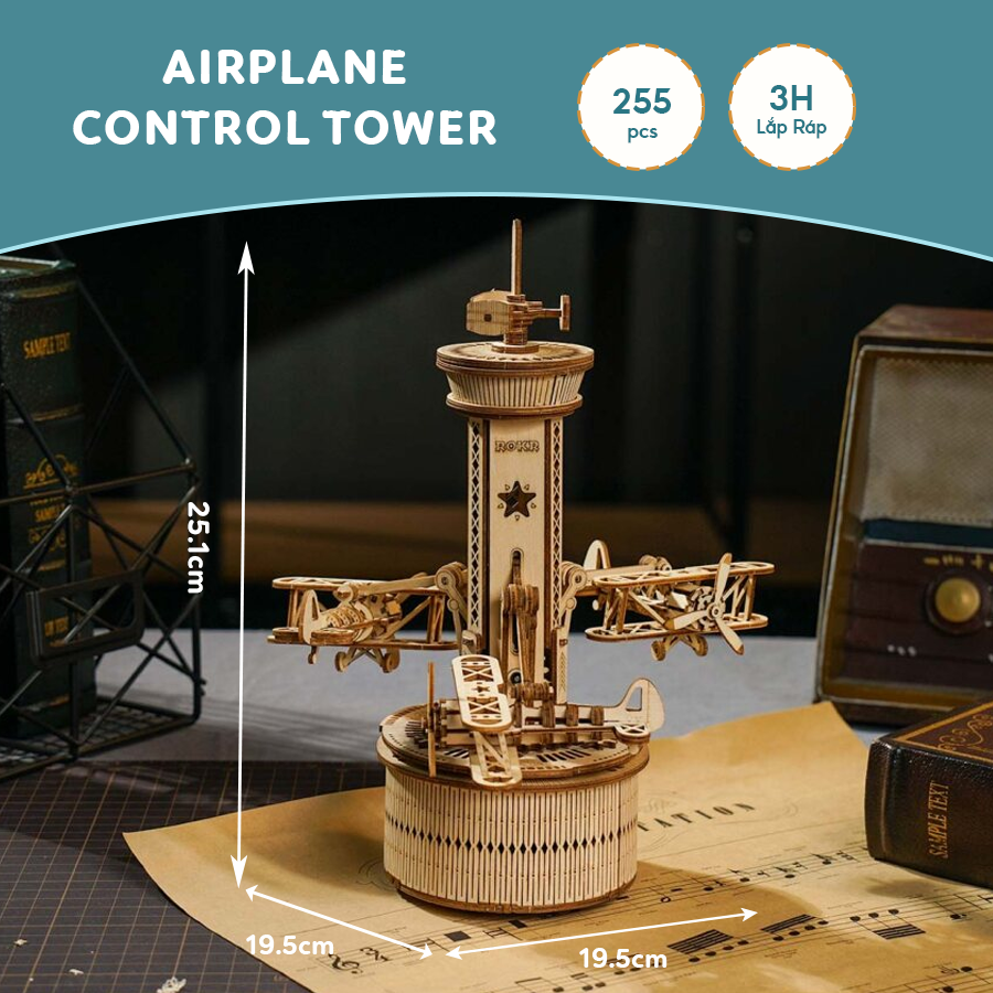 Hộp Nhạc Gỗ Robotime ROKR Air-Control Tower AMK41 - Trạm Điêu Khiên Không Lưu