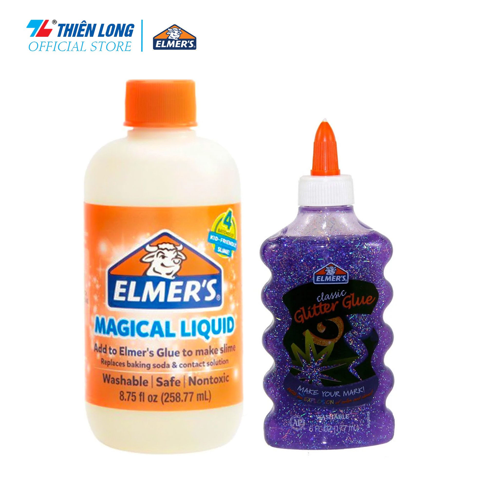 Combo Keo Dán Kim Tuyến Elmer's 177.4 ml Tím & Dung dịch Elmer's tạo Slime 258.77ml