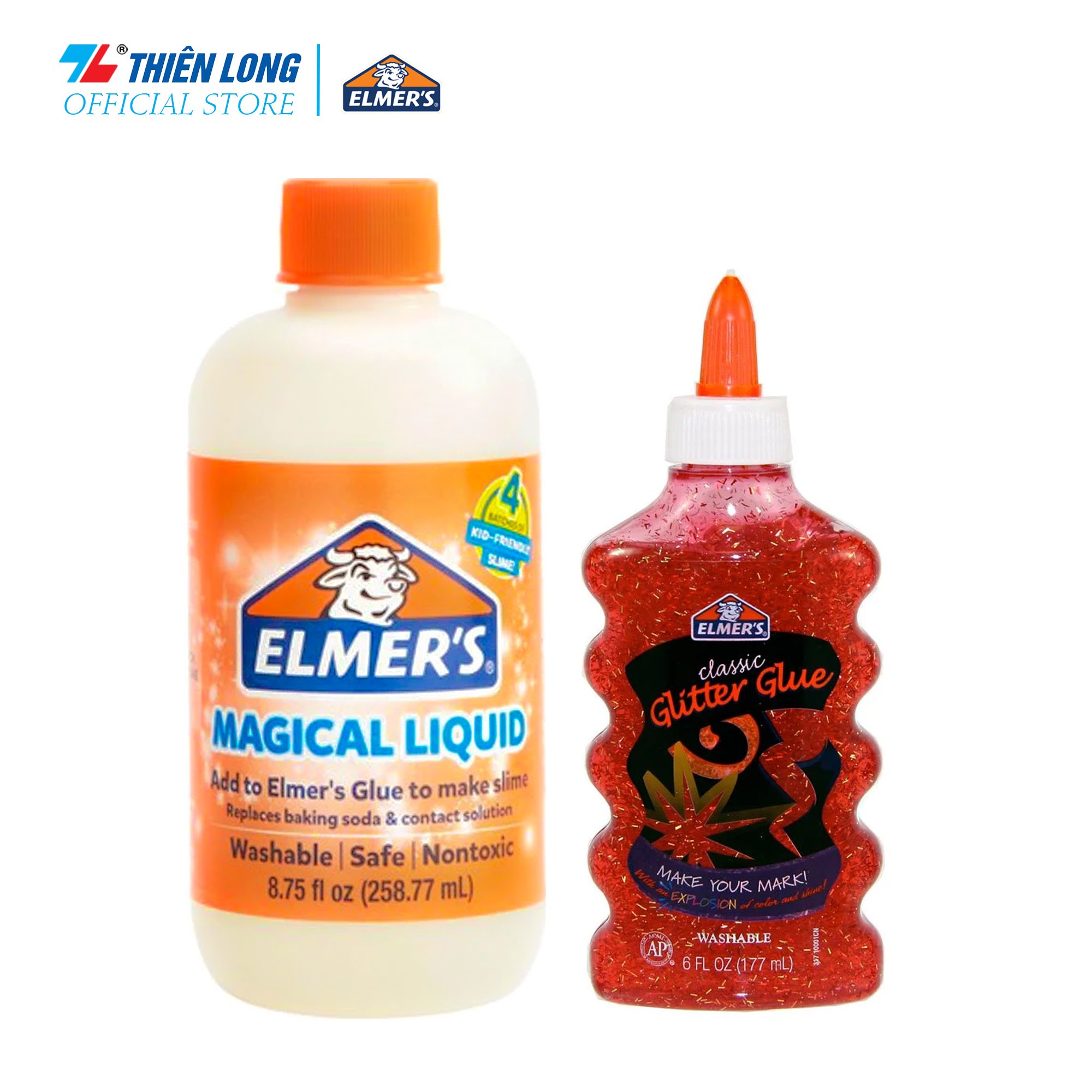 Combo Keo Dán Kim Tuyến Elmer's 177.4 ml Đỏ & Dung dịch Elmer's tạo Slime 258.77ml