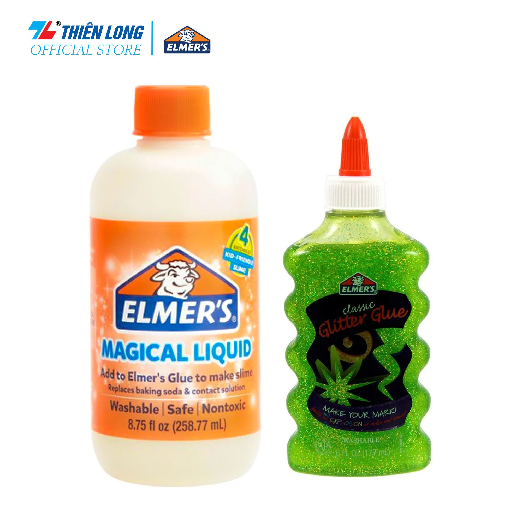 Combo Keo Dán Kim Tuyến Elmer's 177.4 ml Xanh Lá & Dung dịch Elmer's tạo Slime 258.77ml