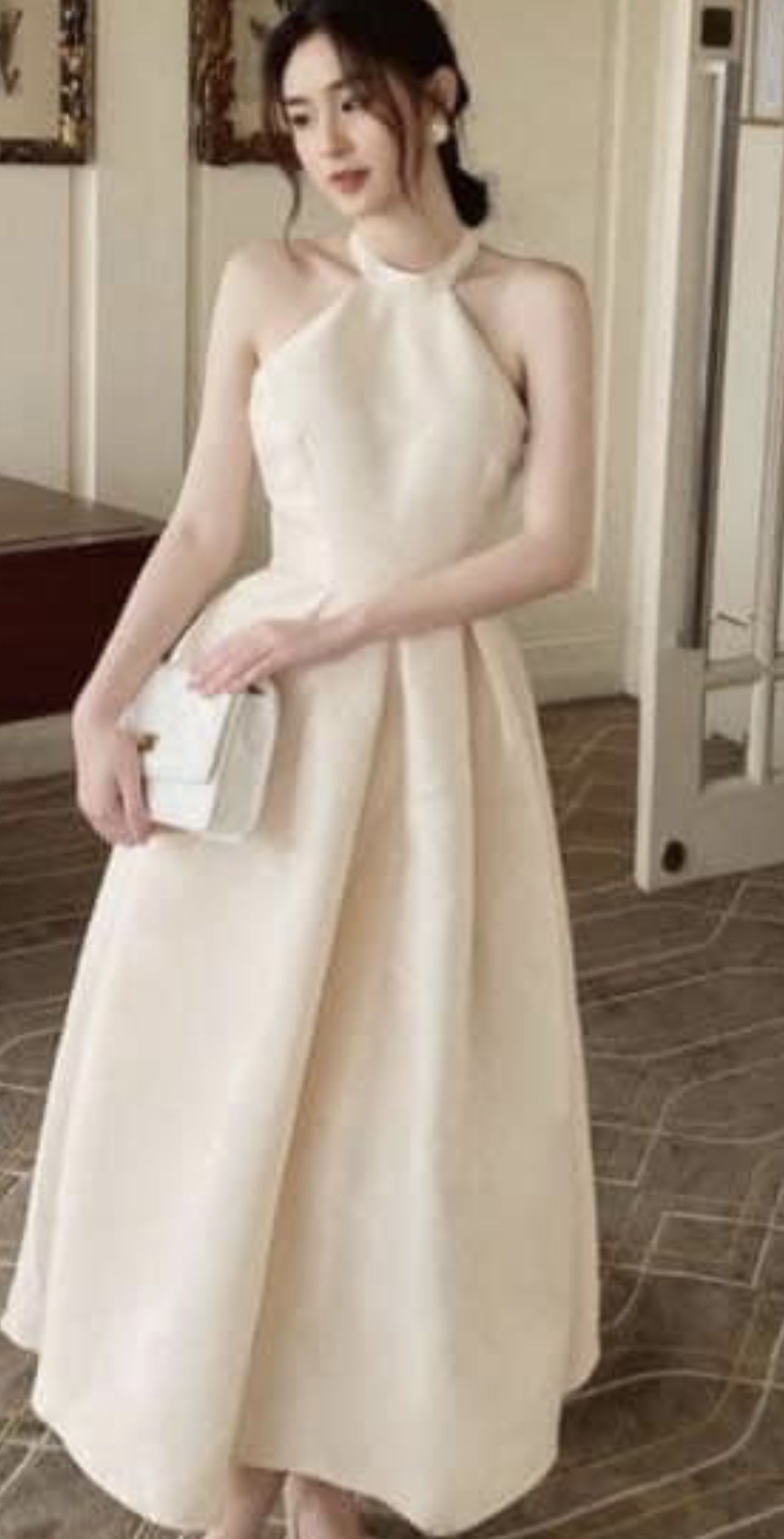 Đầm công sở caro vàng thiết kế bánh bèo dáng chữ a trẻ trung hợp đi làm đi eo tôn dáng