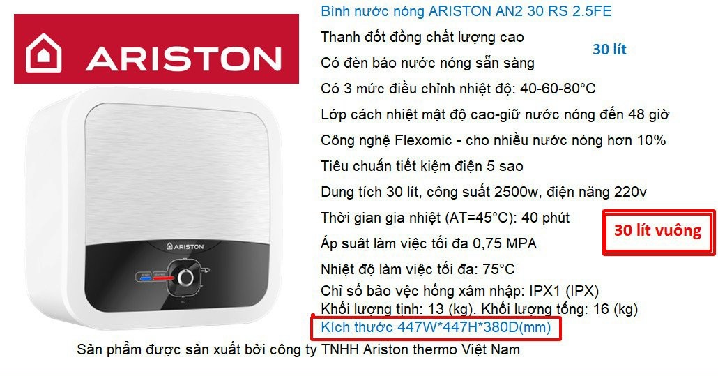 Bình nóng lạnh Ariston Andris2 RS 30L (AN2 30RS)