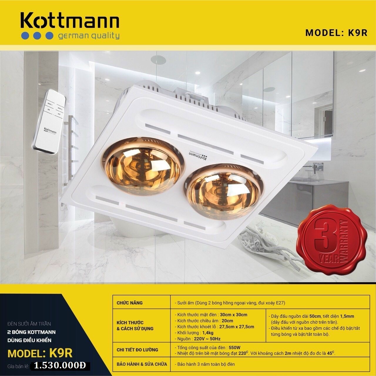 Đèn sưởi nhà tắm âm trần Kottmann K9R - 2 bóng