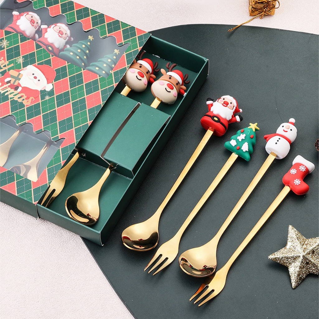 Set Hộp quà tặng Giáng Sinh, bộ thìa nĩa màu vàng kim hình Noel, phụ kiện Giáng sinh cực xinh xắn