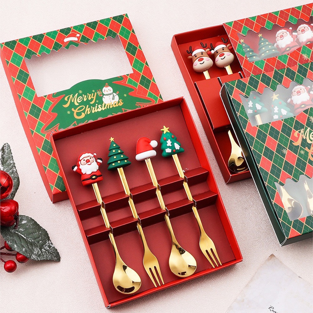 Set Hộp quà tặng Giáng Sinh, bộ thìa nĩa màu vàng kim hình Noel, phụ kiện Giáng sinh cực xinh xắn