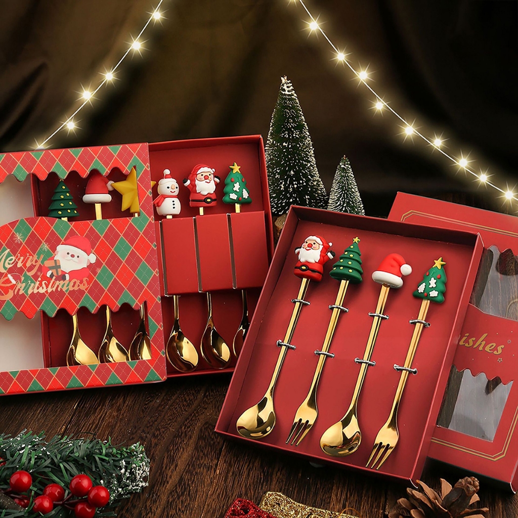 Set Hộp quà tặng Giáng Sinh, bộ thìa nĩa màu vàng kim hình Noel, phụ kiện Giáng sinh cực xinh xắn