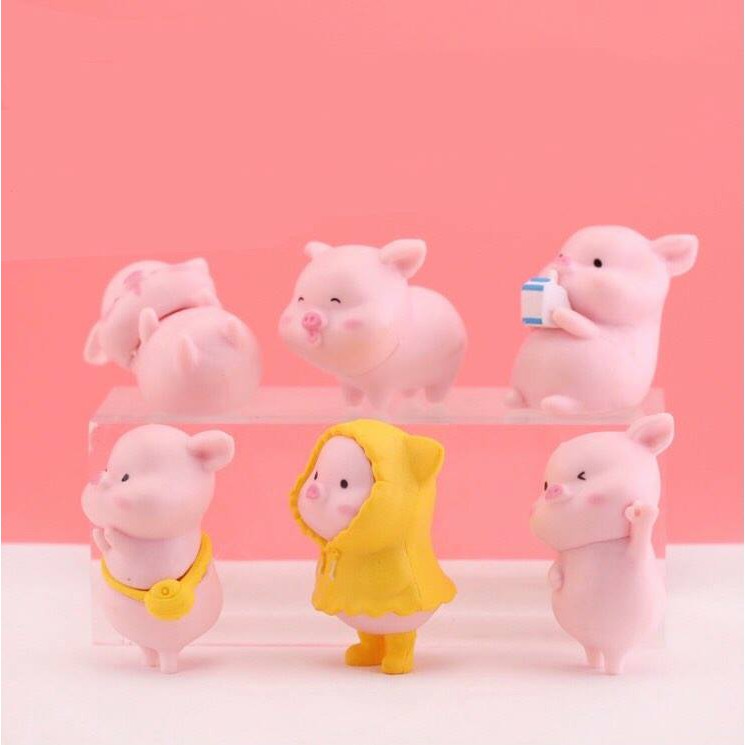 Set 6 mô hình lợn hồng heo hồng để bàn mini biểu cảm ngộ nghĩnh dễ thương trang trí góc học tập, làm việc