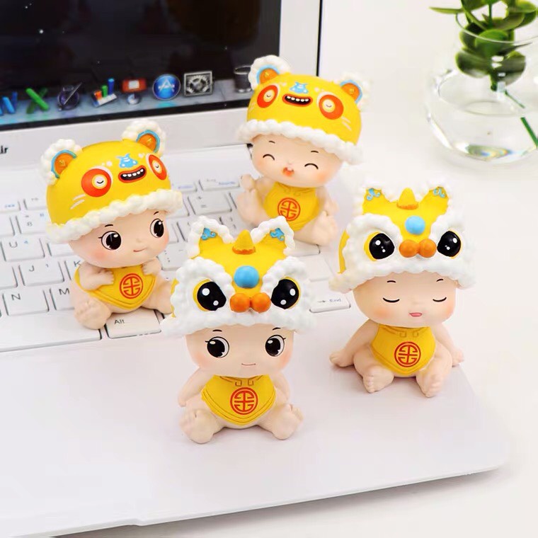 Set 4 mô hình em bé hổ tài lộc lắc đầu biểu cảm dễ thương nhiều màu sắc trang trí nhà cửa, bàn làm việc