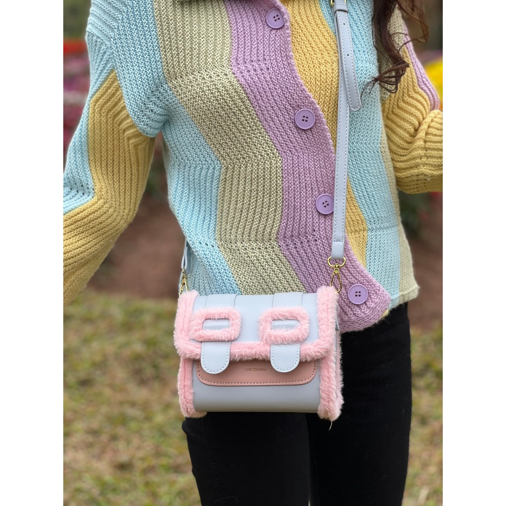 Túi xách CEEKAY xanh lông hồng