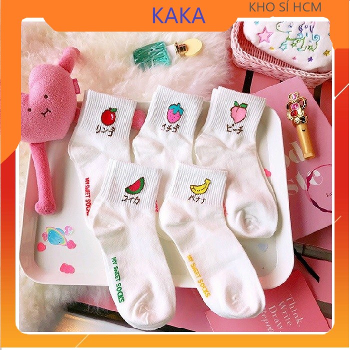 SET 5 ĐÔI TẤT CỔ VỪA MÀU TRẮNG HOA QUẢ HÀNG XỊN CÓ CHỮ