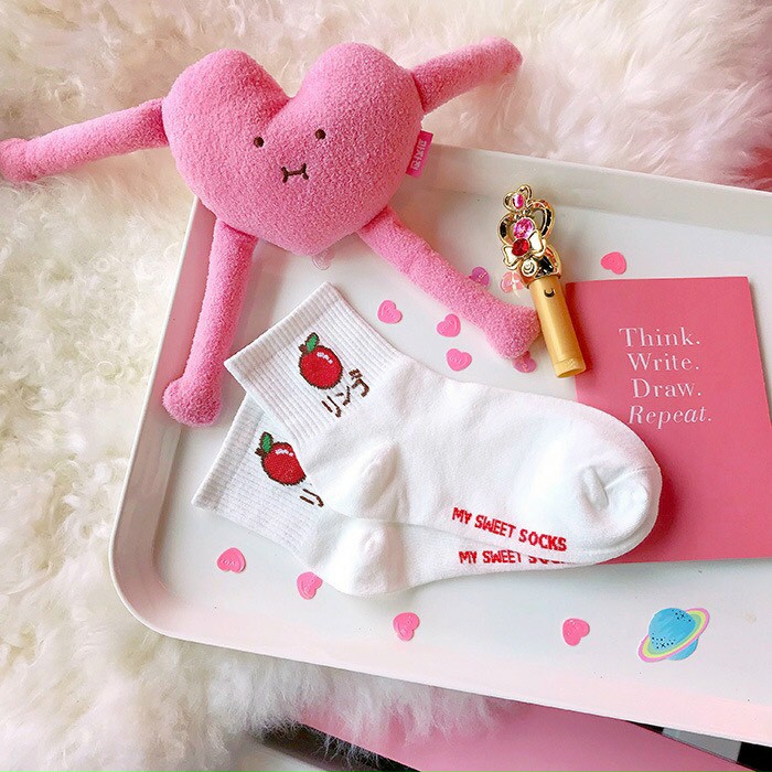 SET 5 ĐÔI TẤT CỔ VỪA MÀU TRẮNG HOA QUẢ HÀNG XỊN CÓ CHỮ