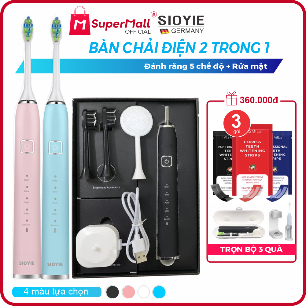 Bàn chải đánh răng điện 3 trong 1 SIOYIE - Đánh răng, rửa mặt, chăm sóc nướu | Sạc không dây, chống nước IP 67, bàn chải điện đa năng 5 chế độ