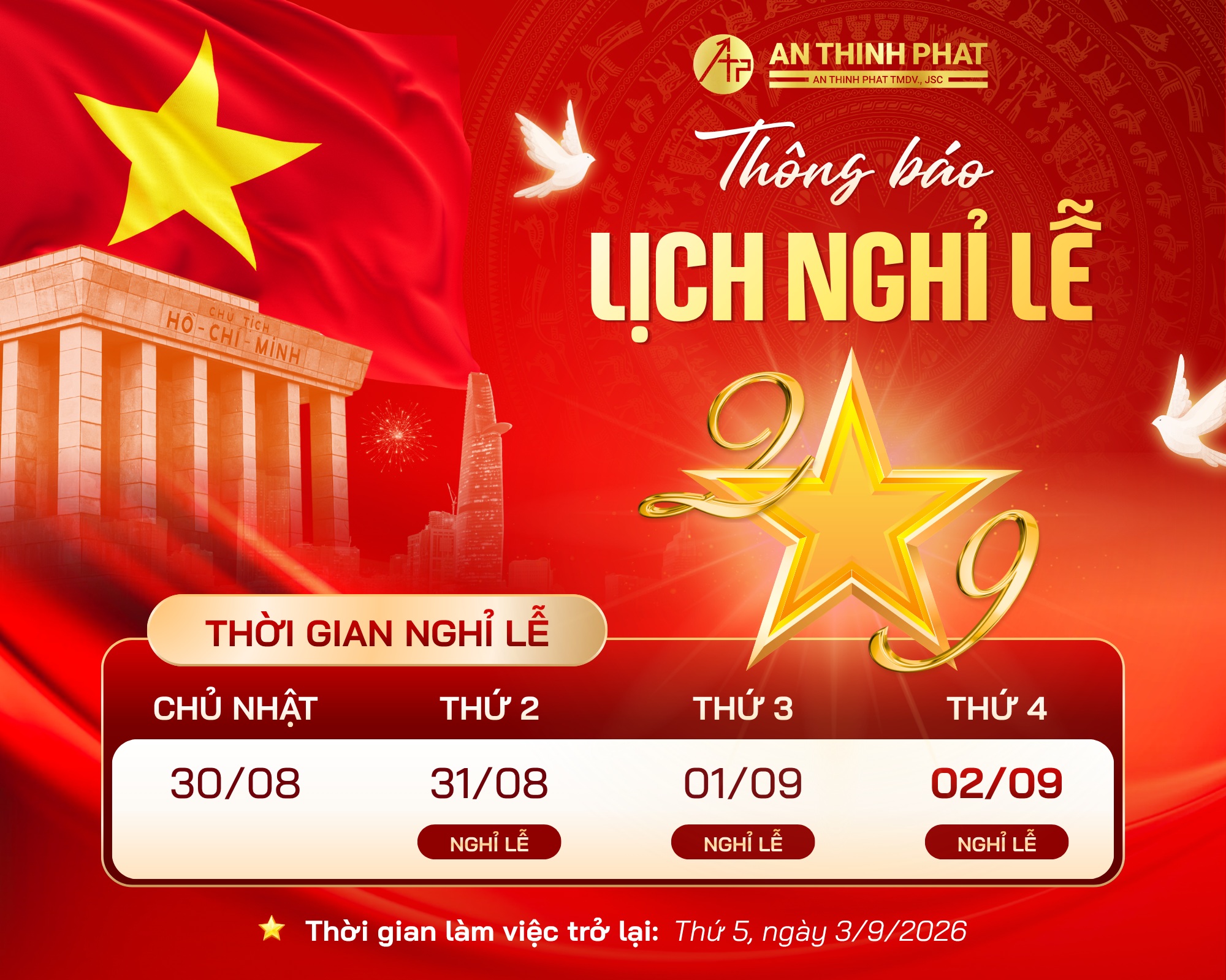 Thông Báo Lịch Nghỉ Lễ Quốc Khánh 02/09/2026 - Công ty An Thịnh Phát