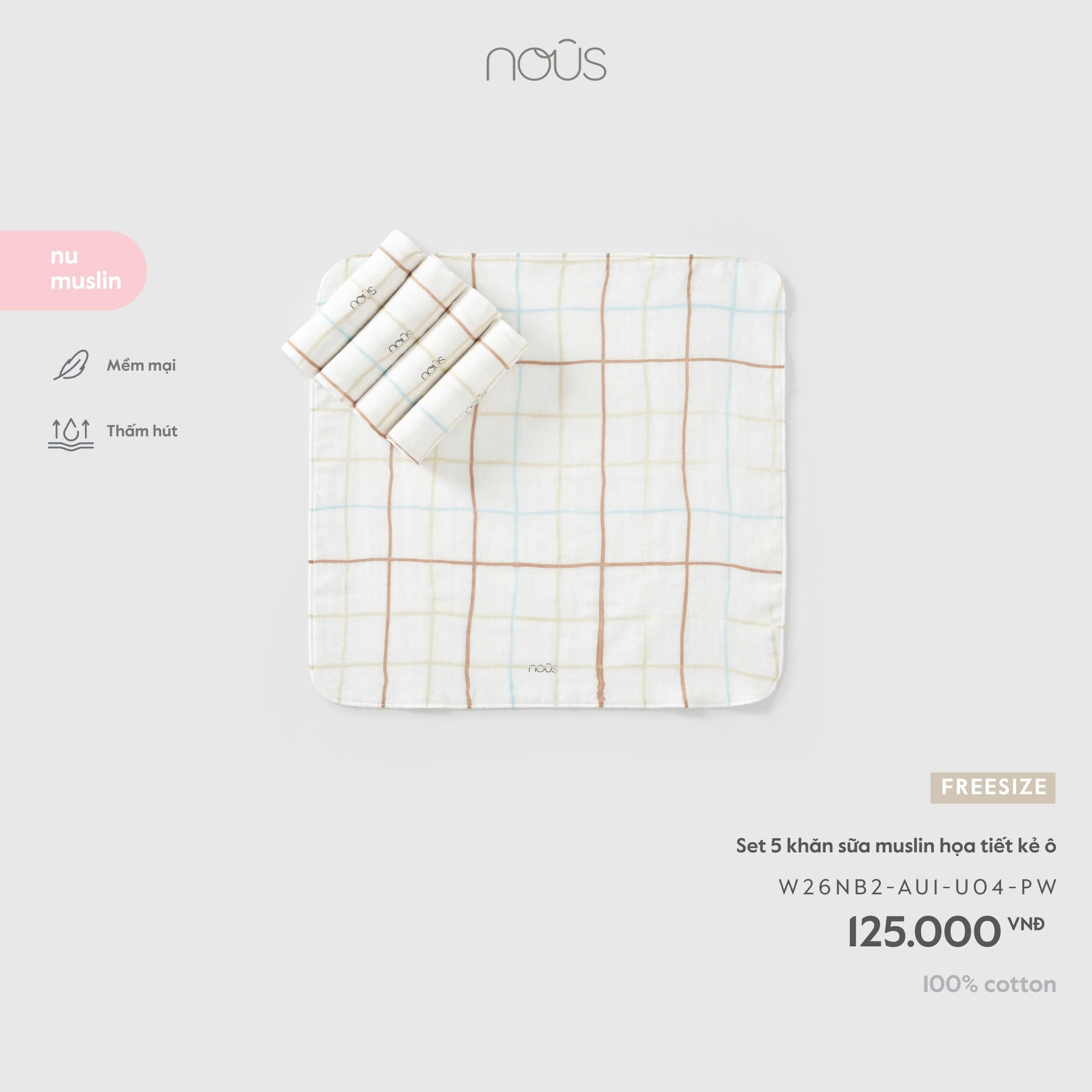 Set 5 khăn sữa muslin họa tiết kẻ ô