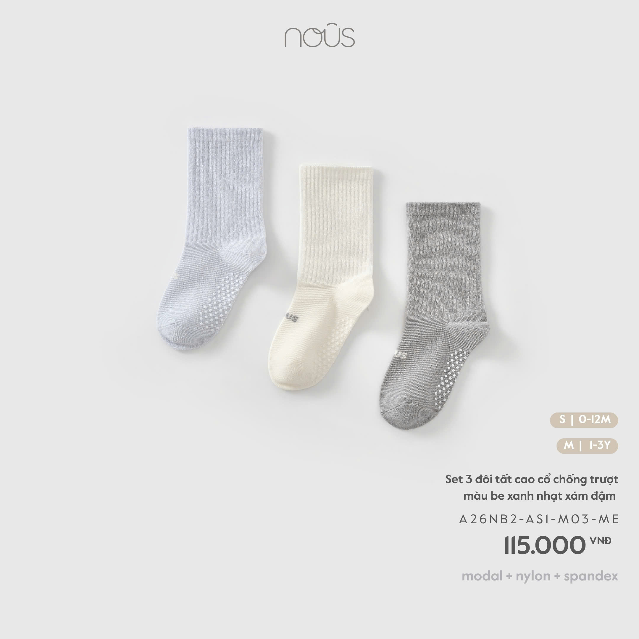 Set 3 đôi tất cao cổ chống trượt màu be xanh nhạt xám đậm