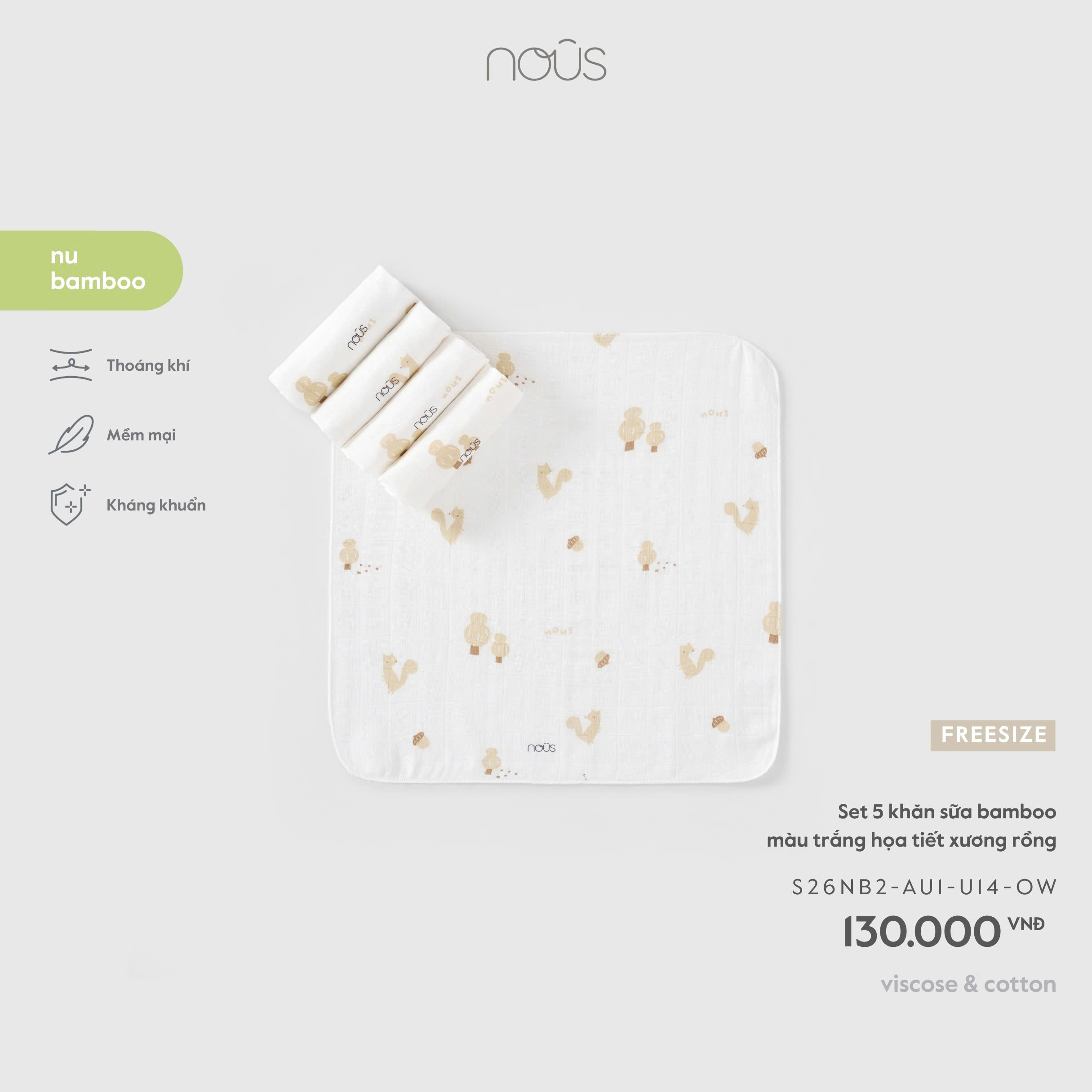 Set 5 khăn sữa bamboo màu trắng họa tiết xương rồng