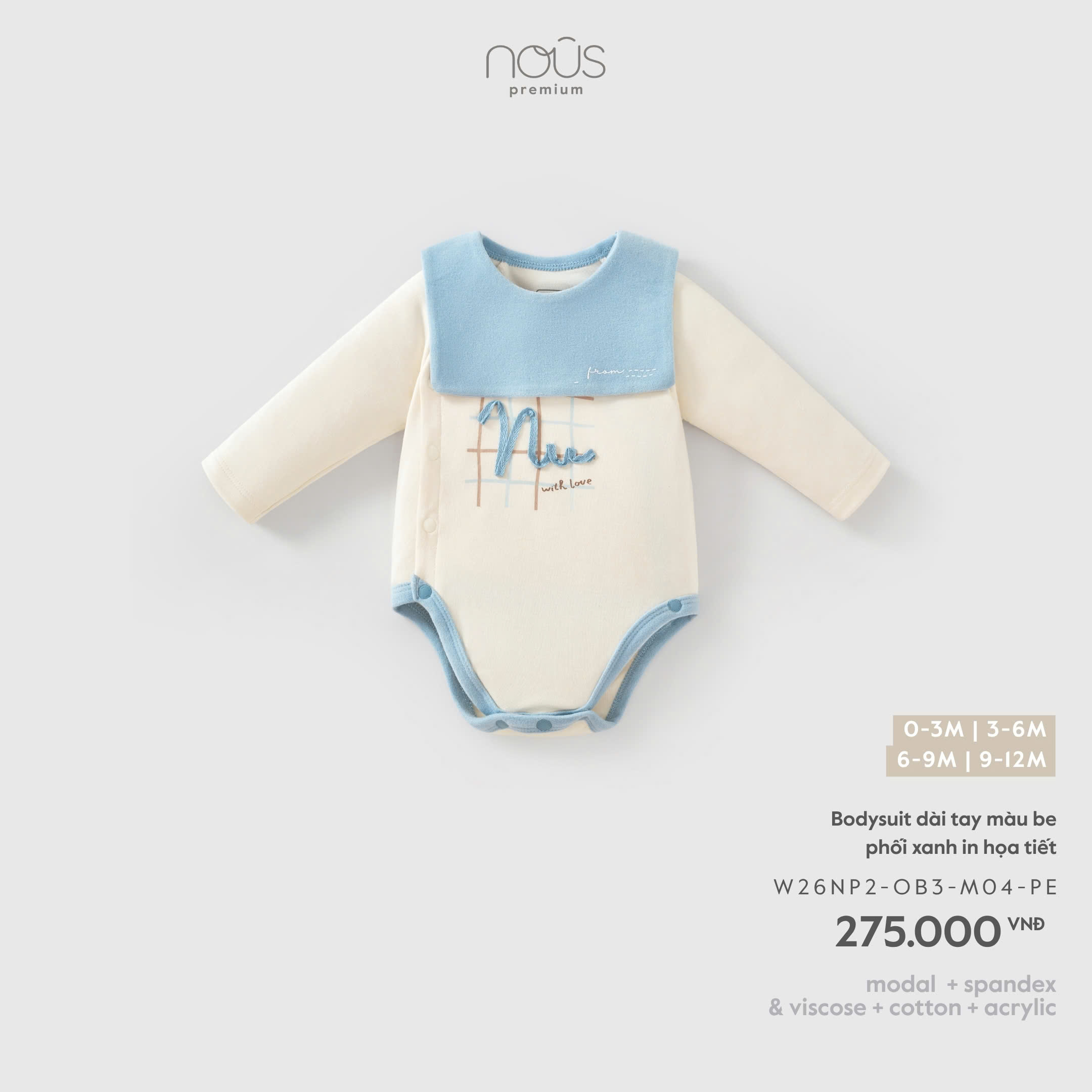 Bodysuit dài tay màu be phối xanh in họa tiết