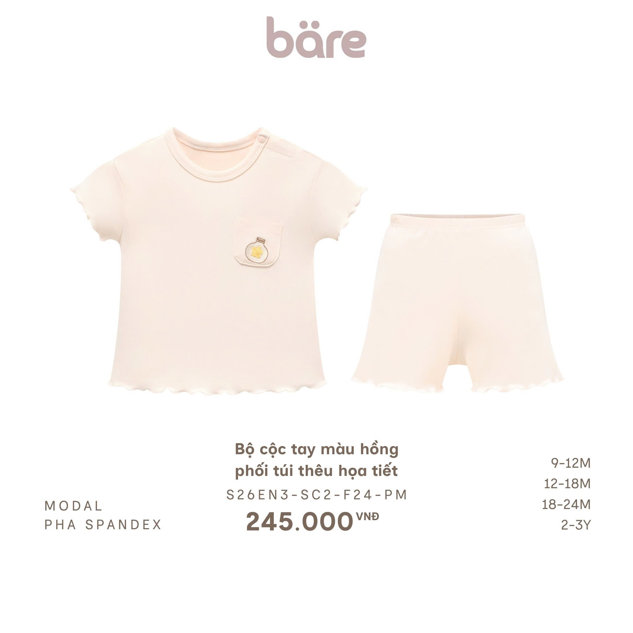 Bộ cộc tay màu hồng phối túi thêu họa tiết