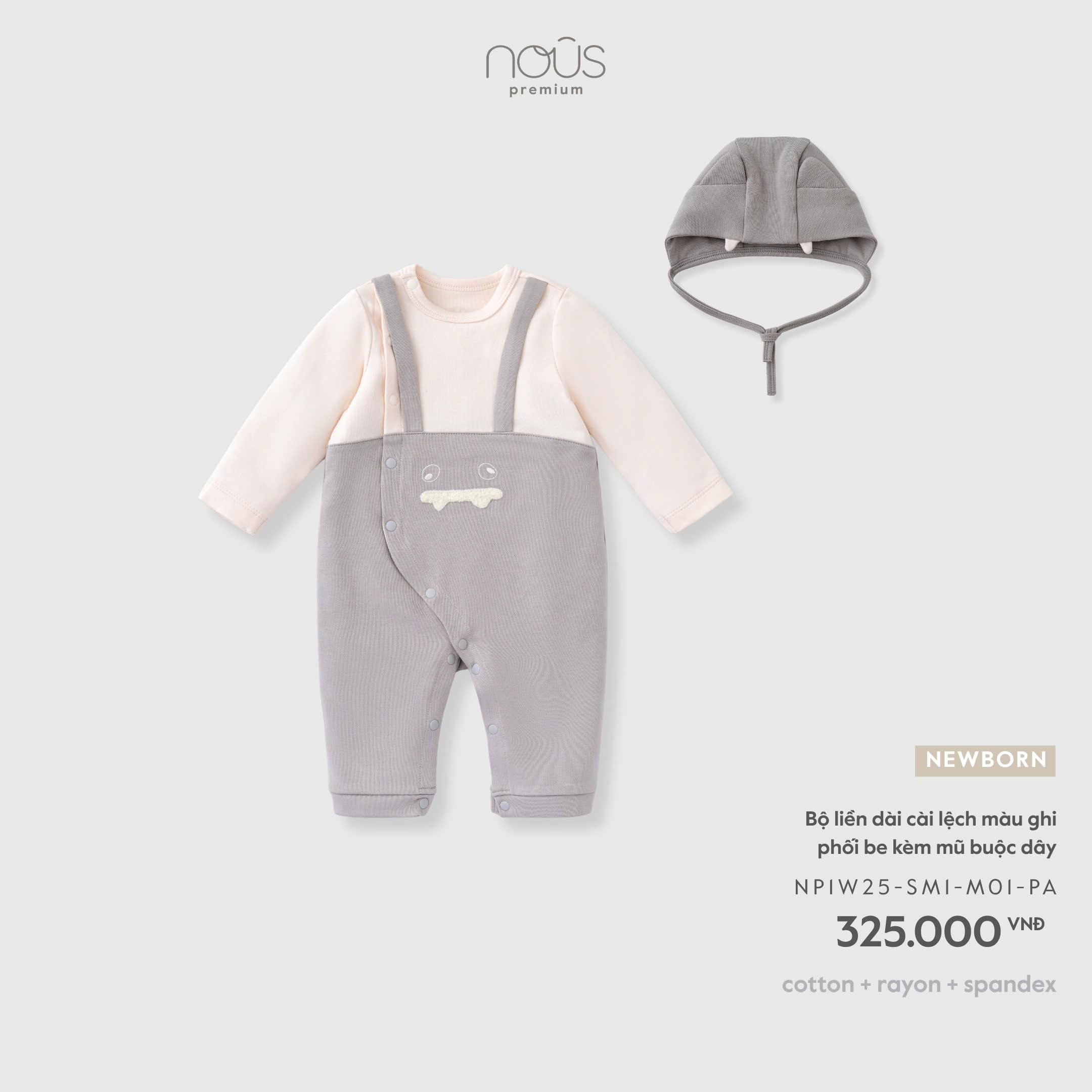 Bộ liền dài cài lệch màu ghi phối be kèm mũ buộc dây