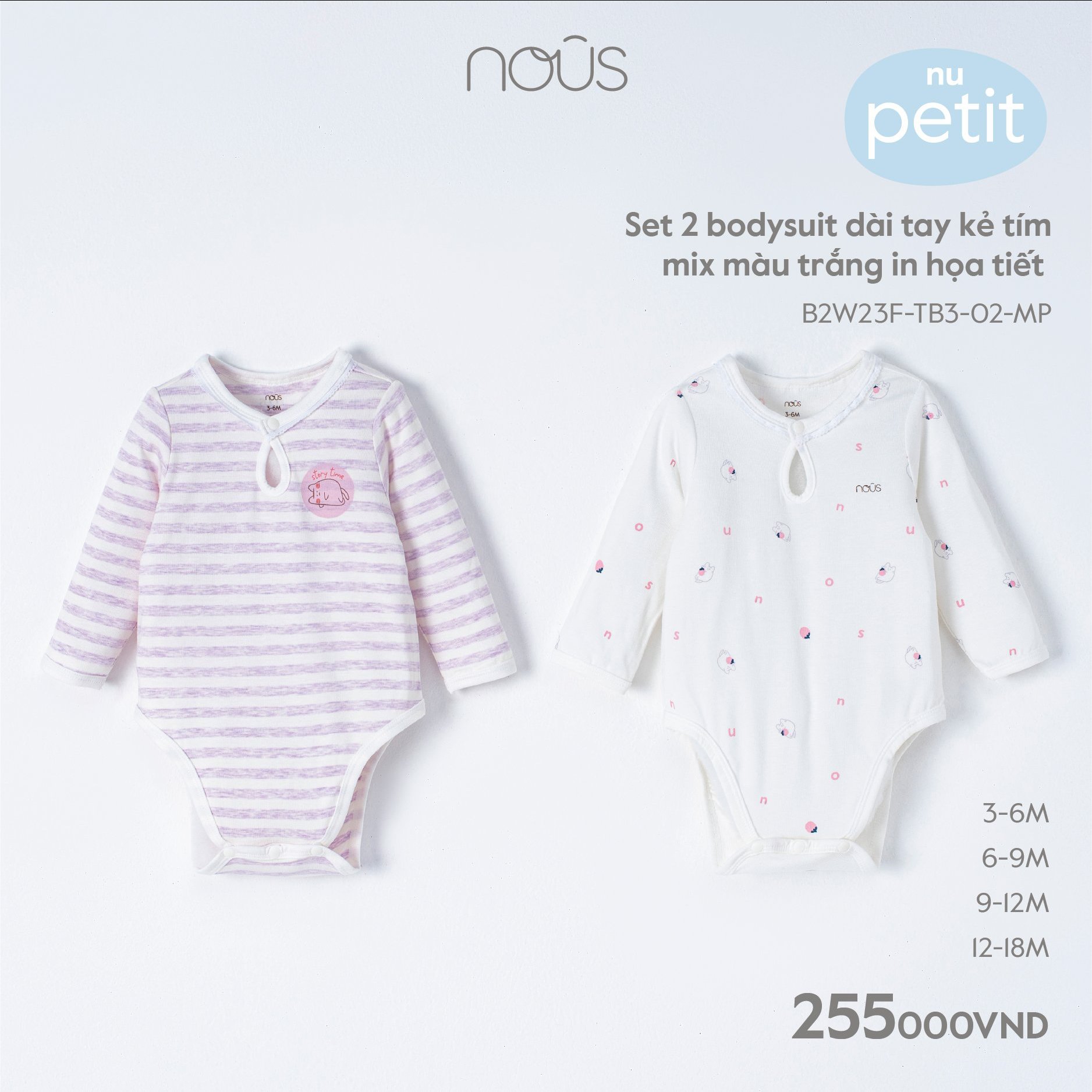Set 2 Bodysuit Dài Tay Kẻ Tím Mix Màu Trắng In Họa Tiết NU1198