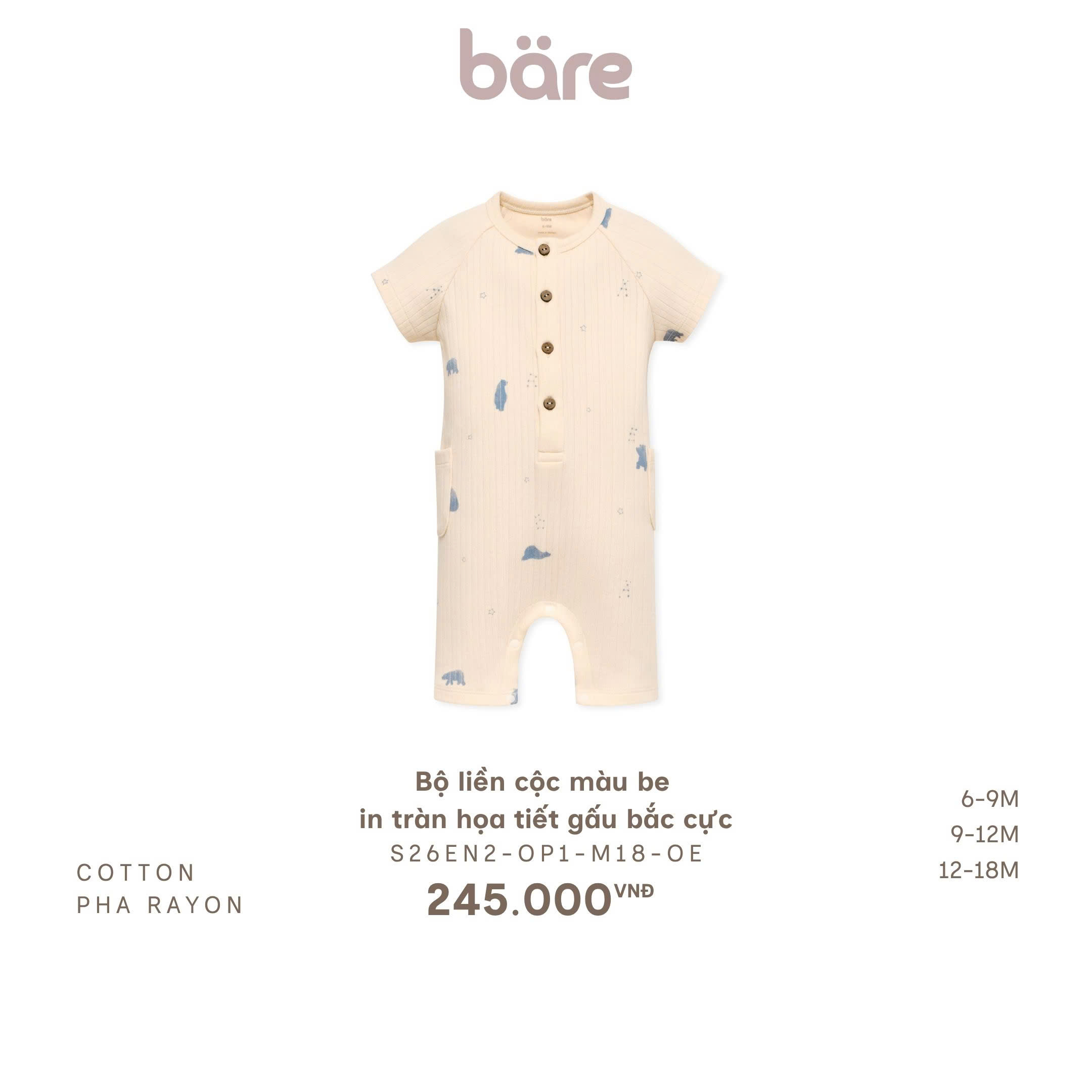 Bộ liền cộc màu be in tràn họa tiết gấu bắc cực