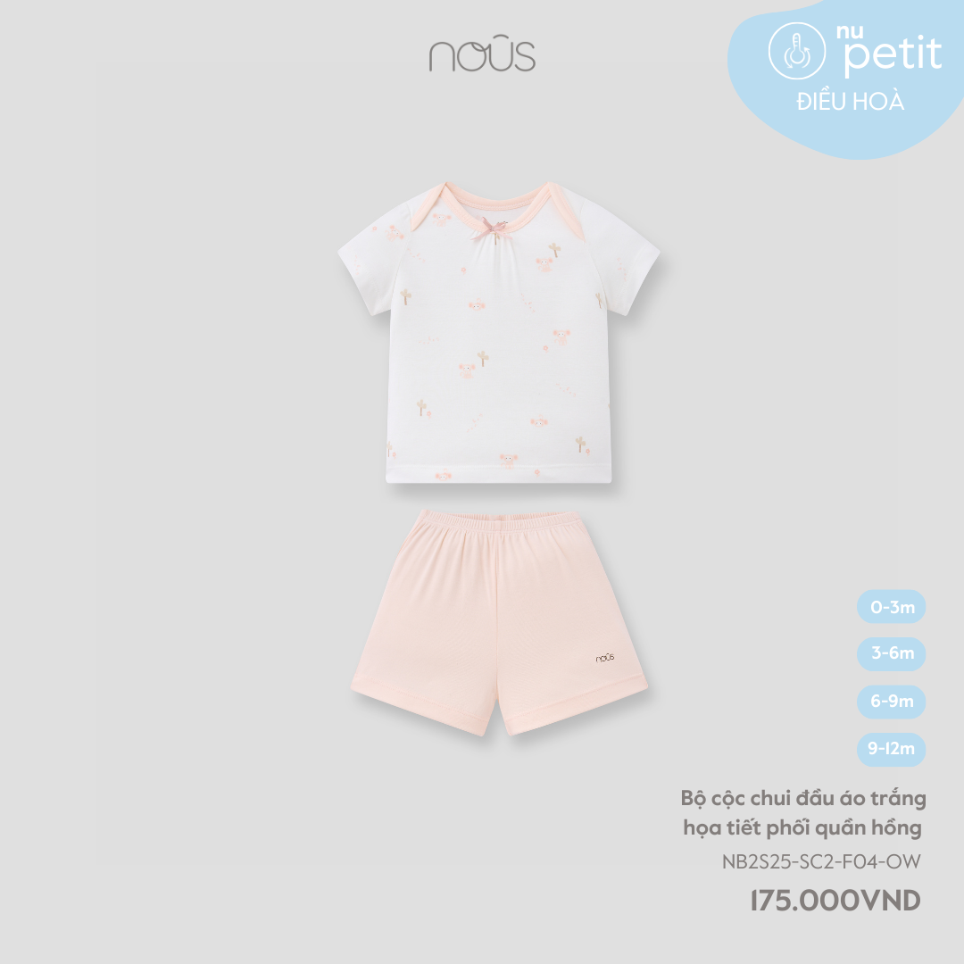 Bộ cộc chui đầu áo trắng họa tiết phối quần hồng